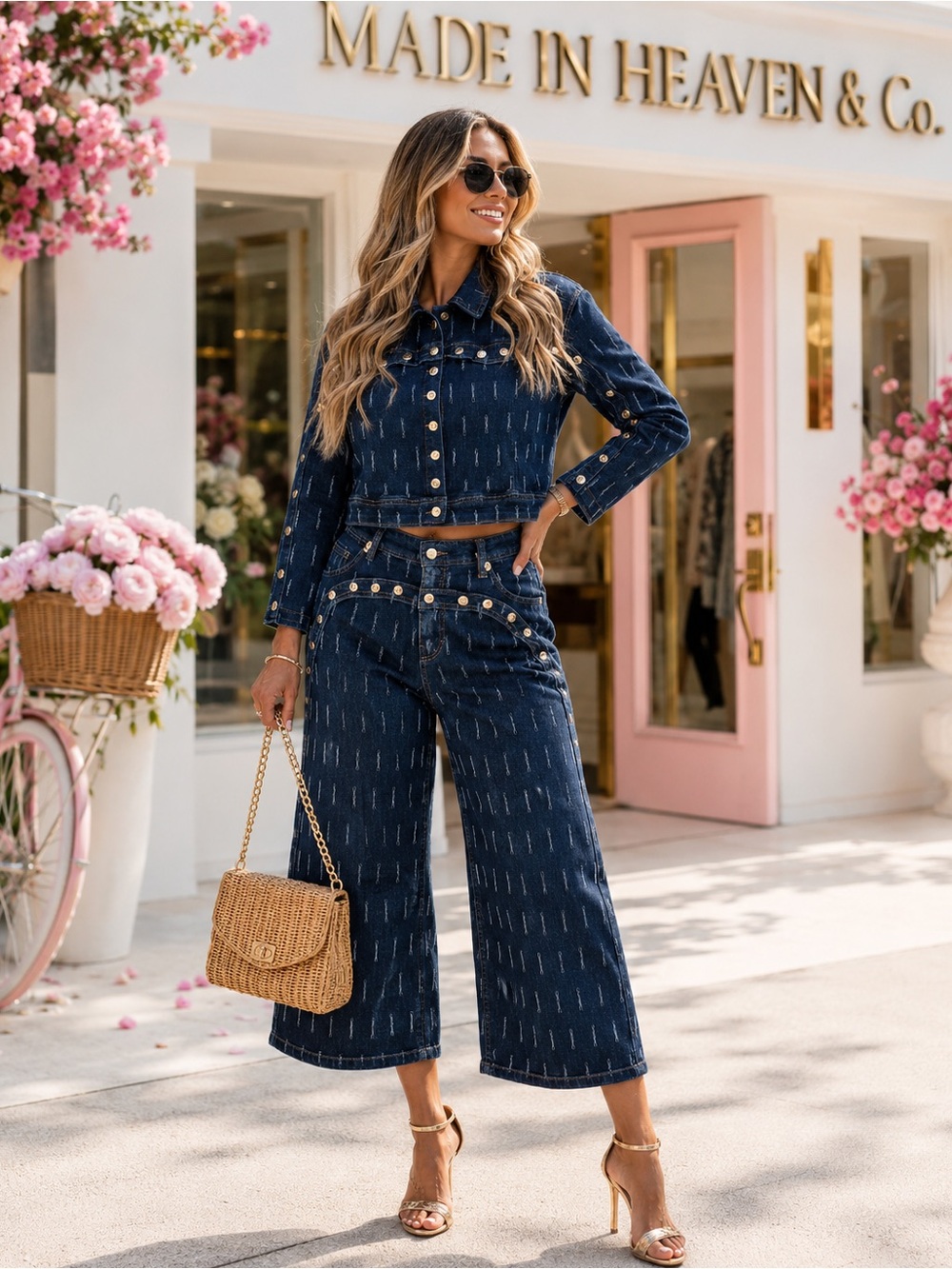 Navy Wide-Leg Denim Jumpsuit with Gold Button Detail